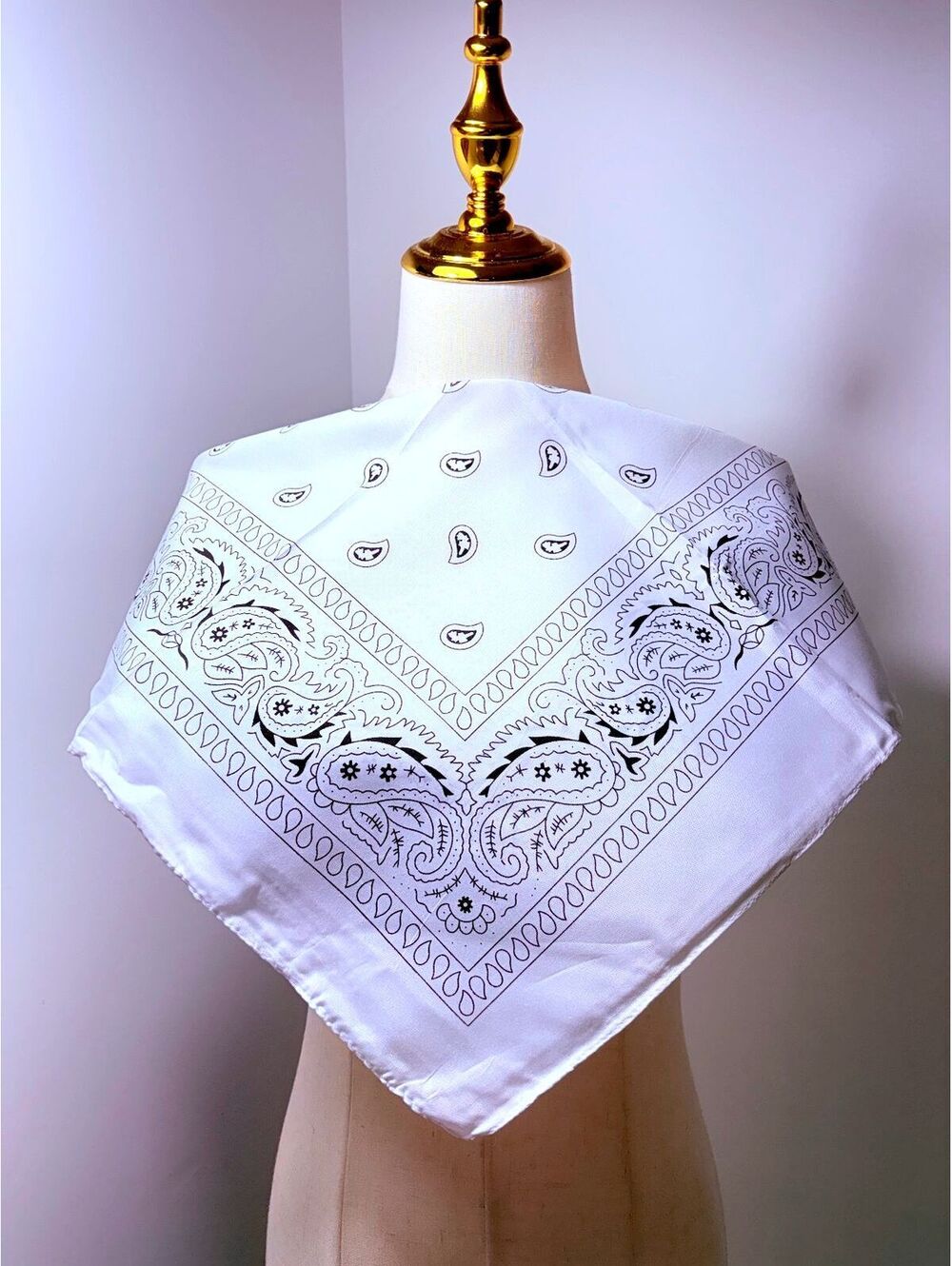 Classic White Bandana with Black Paisley Design - Lightweight Square Scarf